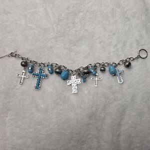 Silver and Turquise Cross Charm Bracelet